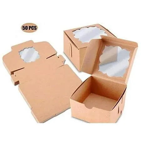 50pcs Cookie Boxes with Window Bakery Boxes Small Treat Boxes Mini Pie Boxes Pastry Boxes 4x4x2.5in(Brown)