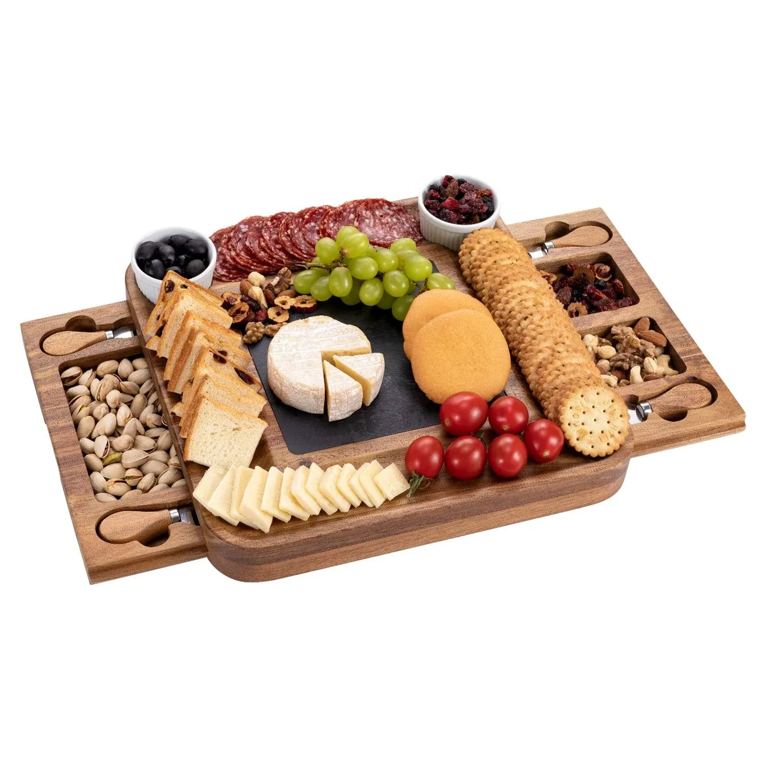 HBlife Acacia Cheese Board & Knife Set Charcuterie Board Cheese Platter with Slide-Out Drawer for Wine, Cheese, Meat, House Warming Gift Perfect Choice for Christmas Wedding (Square)