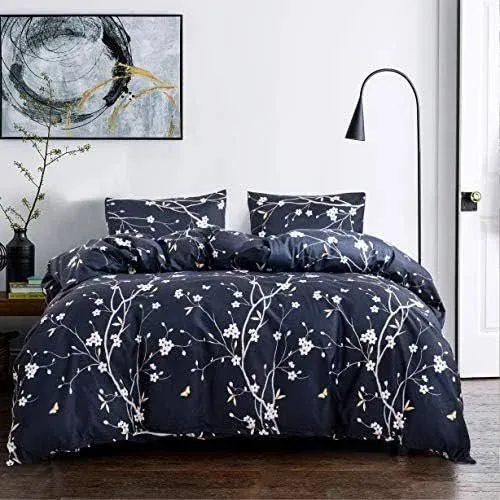 GETIANN Black Floral Duvet Cover Set Full/Queen Comforter Cover Set 90"x90" 3 Pieces Soft Lightweight Bedding (Black Floral)