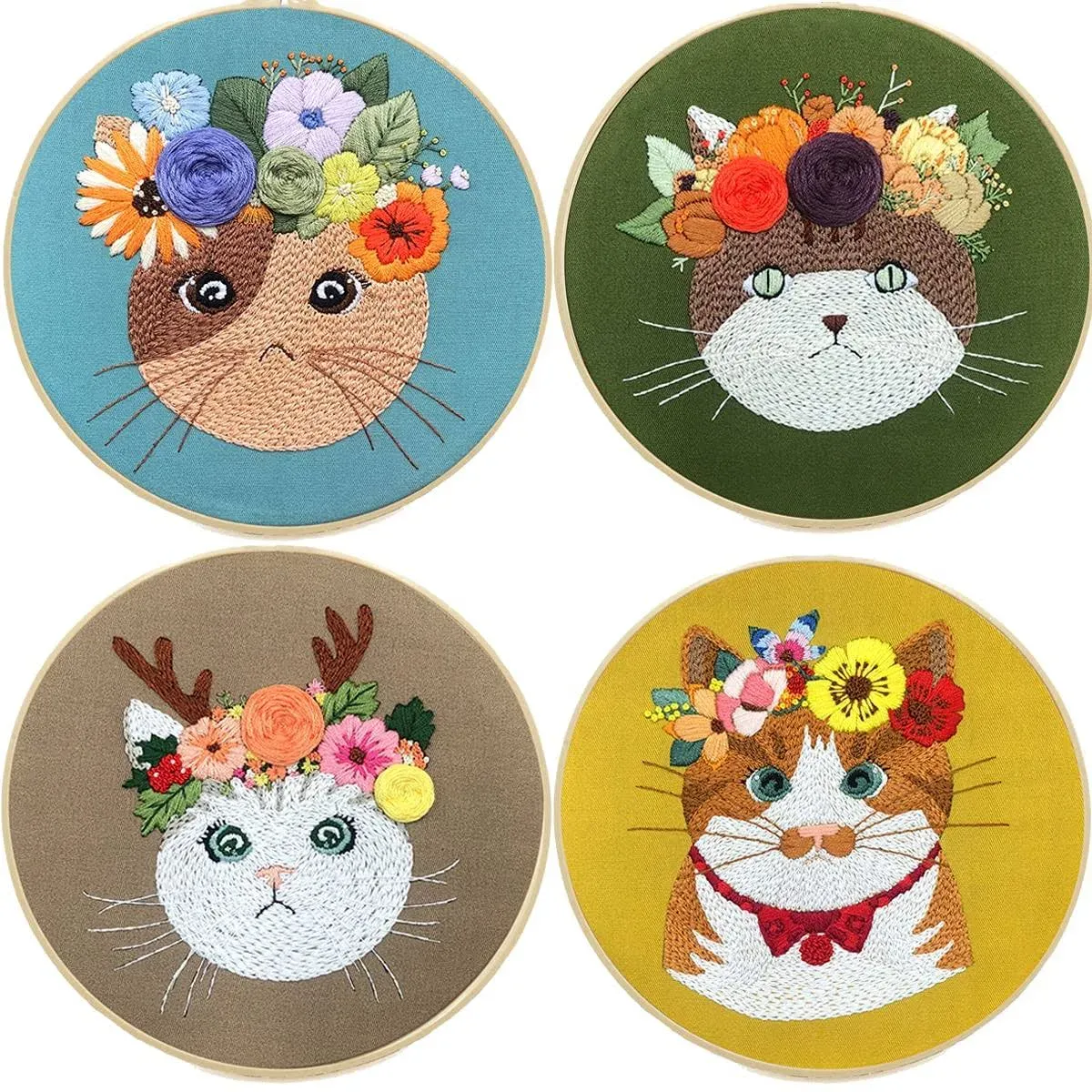 SIMEIQI 4 Pack Embroidery Kit for Beginners Animals Cat Flowers,Adults,Cross Stitch kit,Craft Stamped Embroidery Starter Set Including Hoop, Color Threads