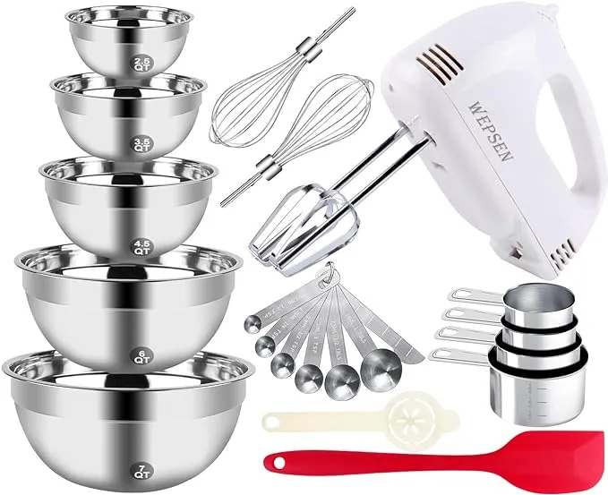 5-Speed Electric Hand Mixer, 5 Large Mixing Bowls Set, Handheld Mixers with Whisks Beater, Stainless Steel Metal Nesting Bowl Measuring Cups Spoons Kitchen Cake Blender for Prep Baking Supplies