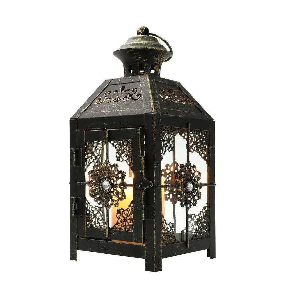 Decorative Lantern 9.5" High Metal Candle Lantern Vintage Style Hanging Lantern for Wedding Parties Indoor Outdoor(White with Gold Brush).