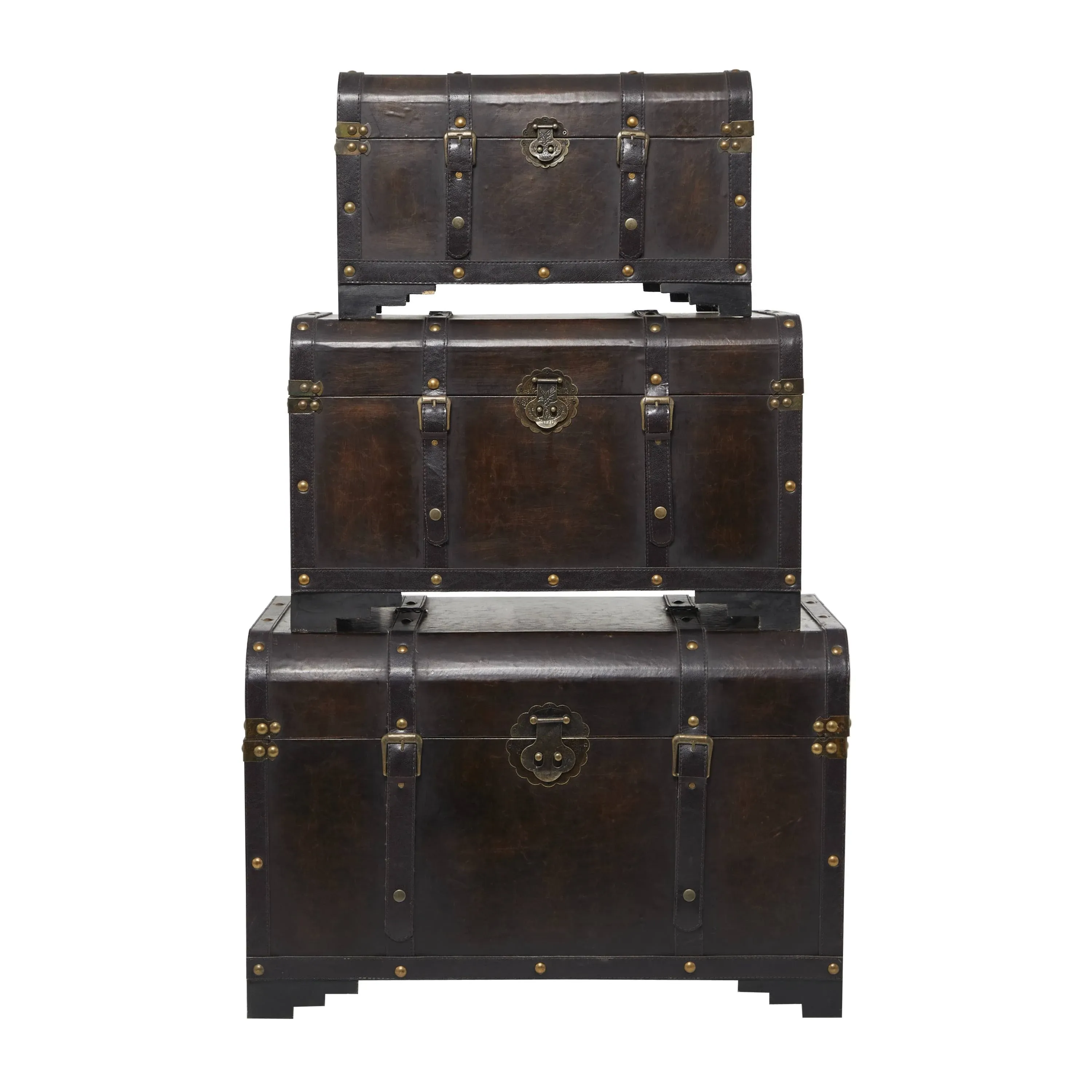 Deco 79 Wooden Decorative Trunk Nesting Upholstered Decorative Large Boxes with Vintage Accents and Studs, Set of 3 Storage Trunks 28", 24", 20"W, Brown, Amber