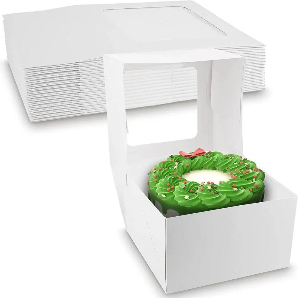 MT Products Cake Boxes 8" x 8" x 5" Auto-Popup White Bakery Boxes with Window