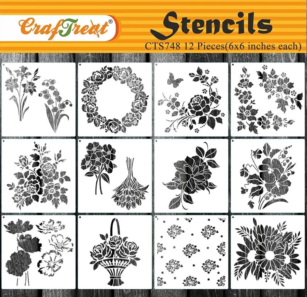 12 Pieces Flower Stencils for Painting 6x6 DIY Stencils for Painting on Wood ...