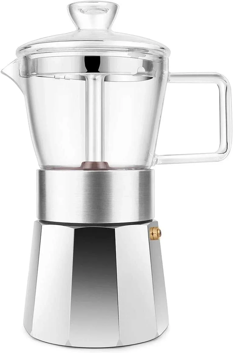 Geesta Premium Crystal Glass-Top Stovetop Espresso Moka Pot - 9 Cup - Coffee Maker, 360ml/12.7oz/9 Cup (ESPRESSO cup=40ml) Gift Idea for Husband Wife