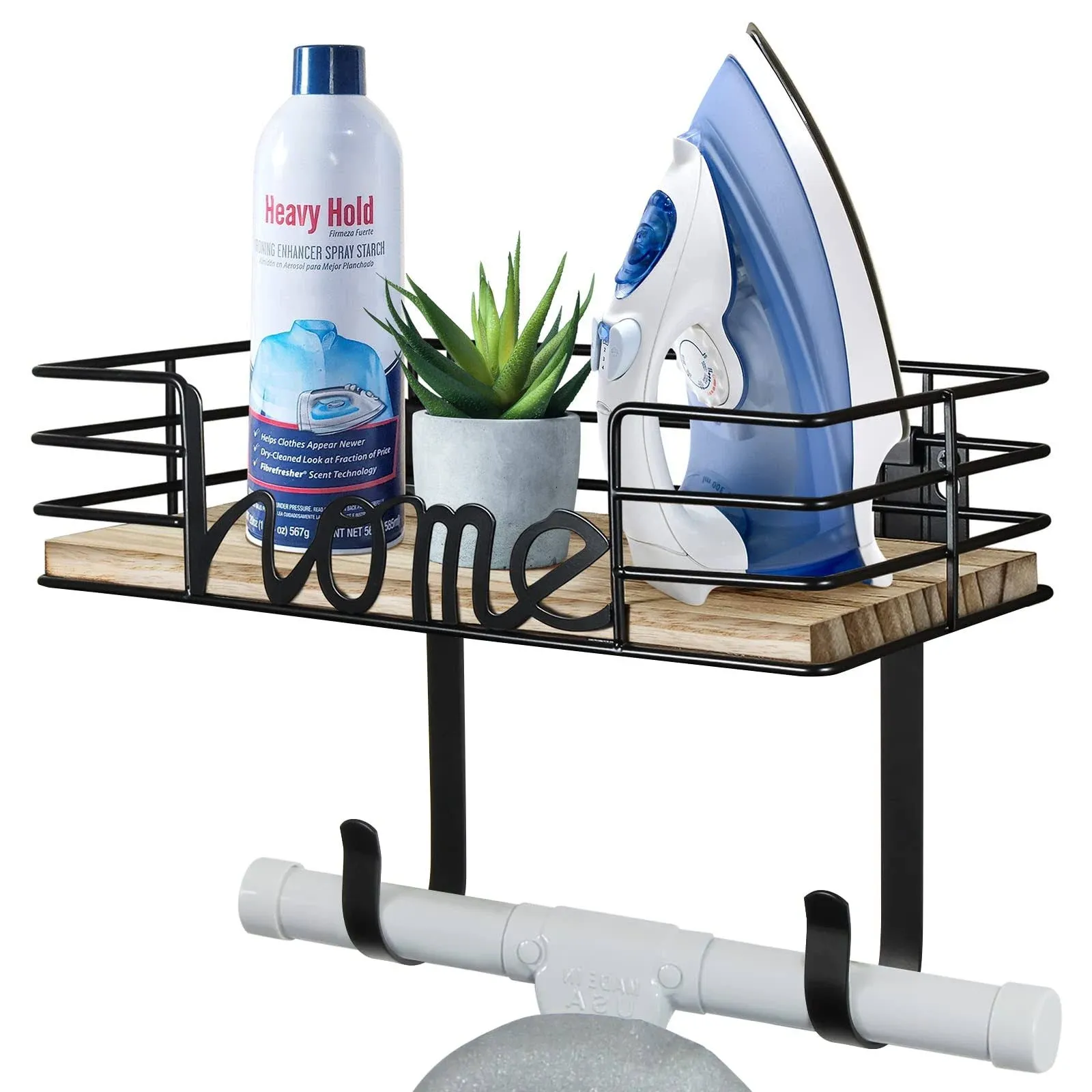 TJ.MOREE Ironing Board Hanger Wall Mount - Laundry Room Iron and Ironing Board Holder with Large Storage Wooden Base Basket and Removable Hooks