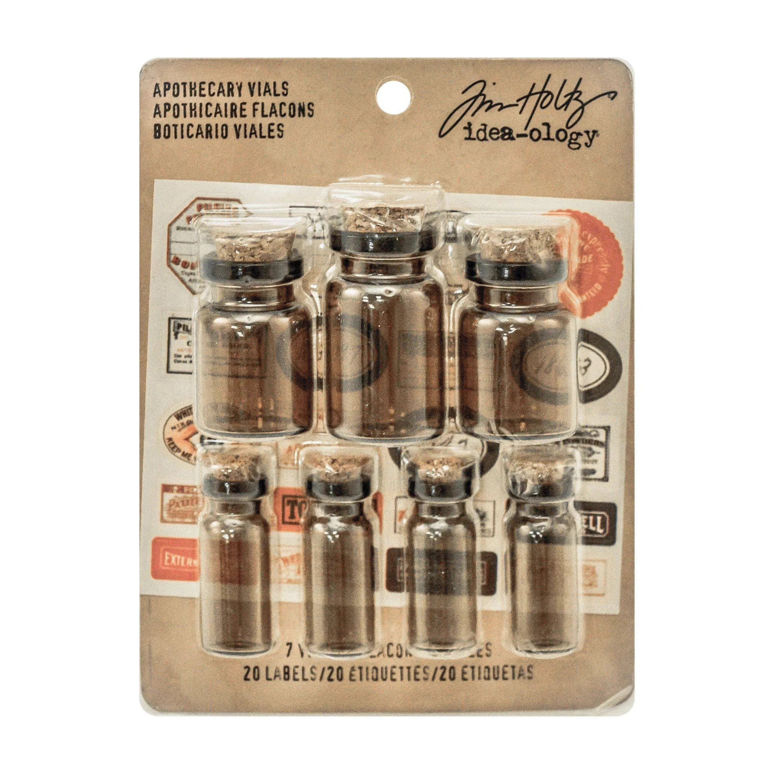 Idea-Ology Corked Glass Vials 7/Pkg-Apothecary Amber W/Vintage Labels