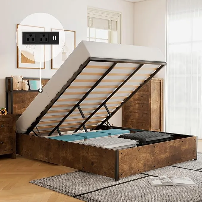 LUXOAK Full Size Lift Up Storage Bed, Wood Platform Bed Frame with Storage ...