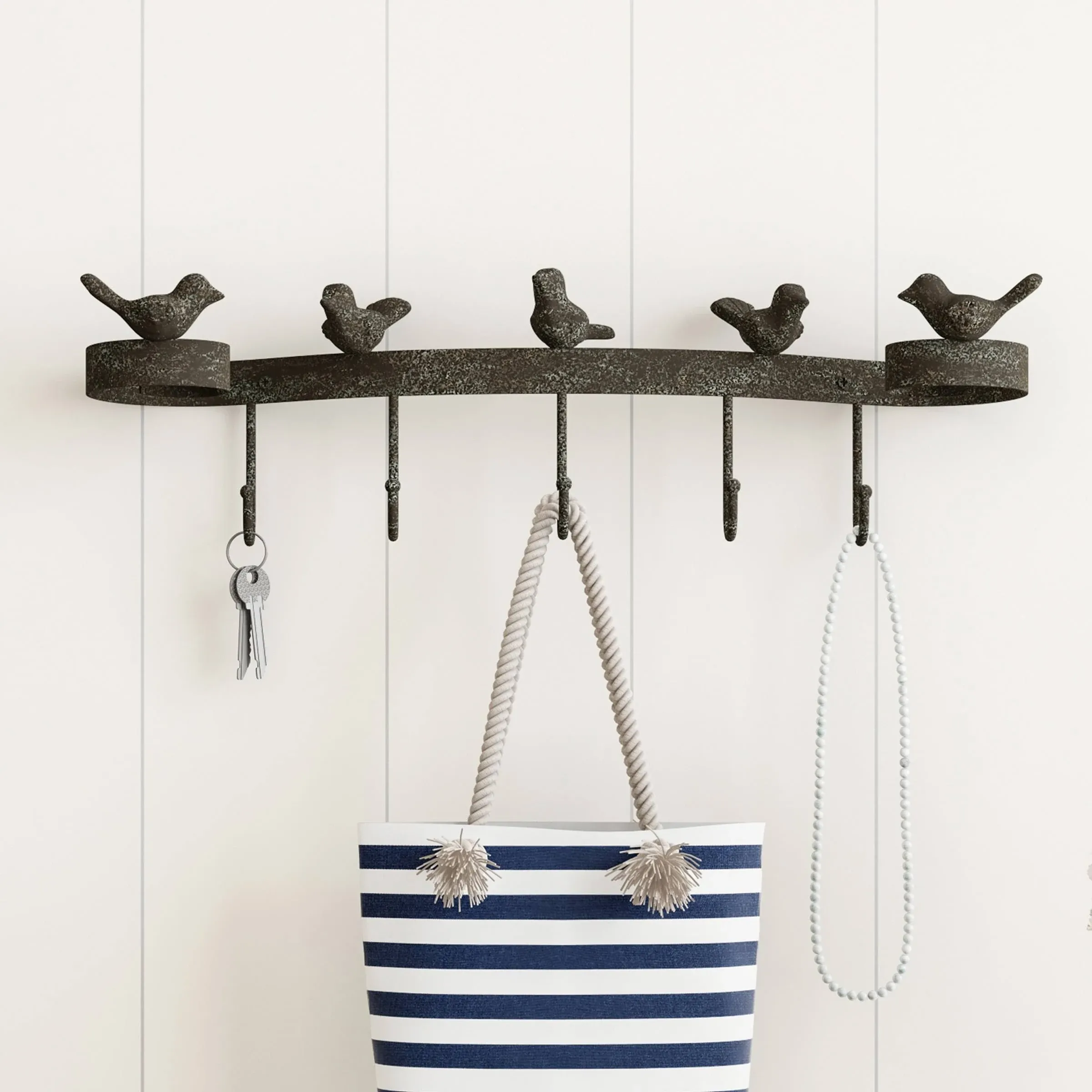 Lavish Home Cast Iron Rustic Decorative Birds on Ribbon Hook Wall Mount HW0200028