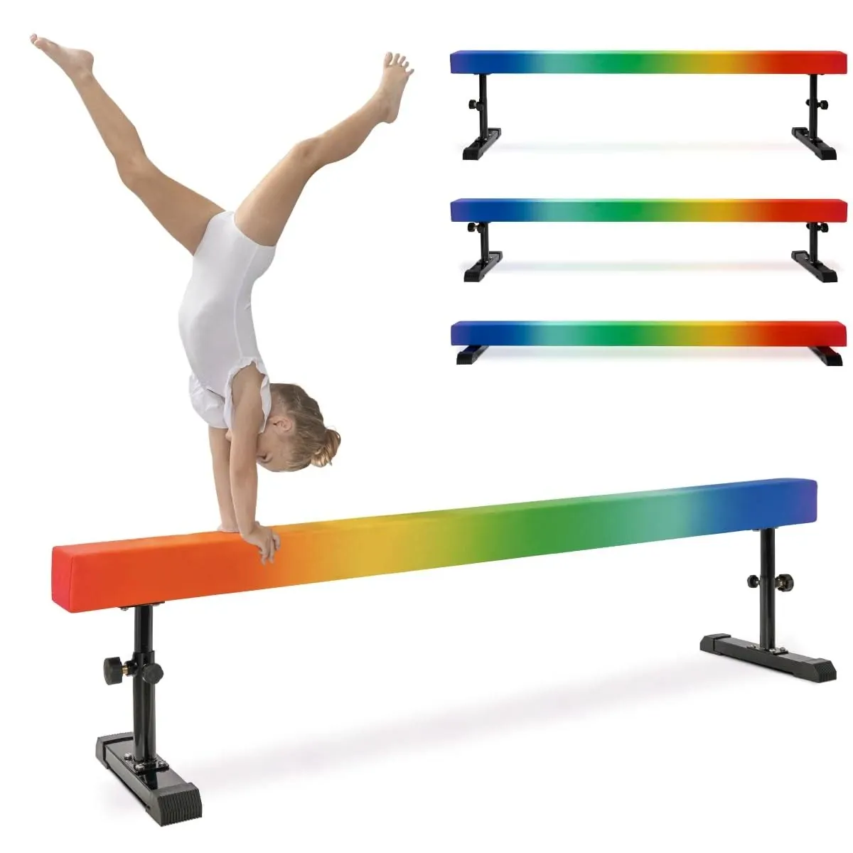 Milliard Patented Adjustable Balance Beam, High and Low (7'7") Floor Beam Suede Gymnastics Competition Style Training with Legs (Rainbow)