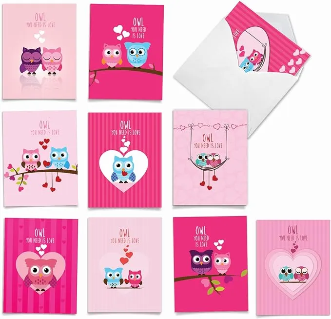 10 Assorted Valentine&#39;s Day Notecards  Set 4 x 5.12 Inch with Envelopes (10 Designs, 1 Each) Owl You Need Is Love