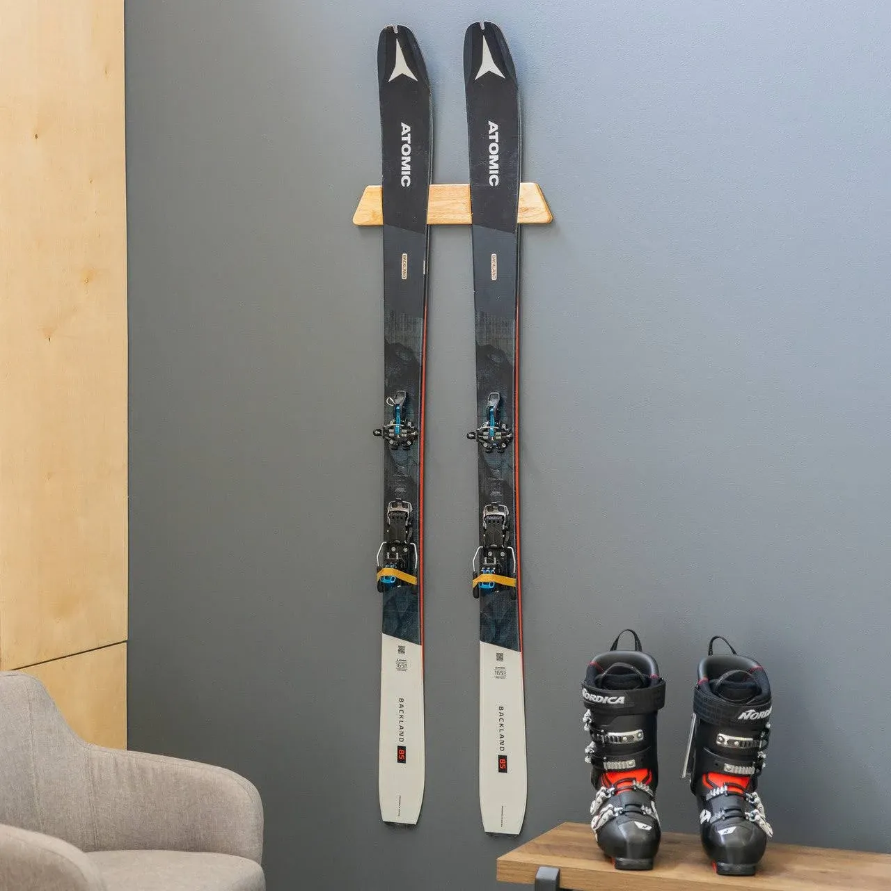 Minimalist Wood Ski Rack, Wall Mount Display Holder, Solid Wood Holds 50 lbs