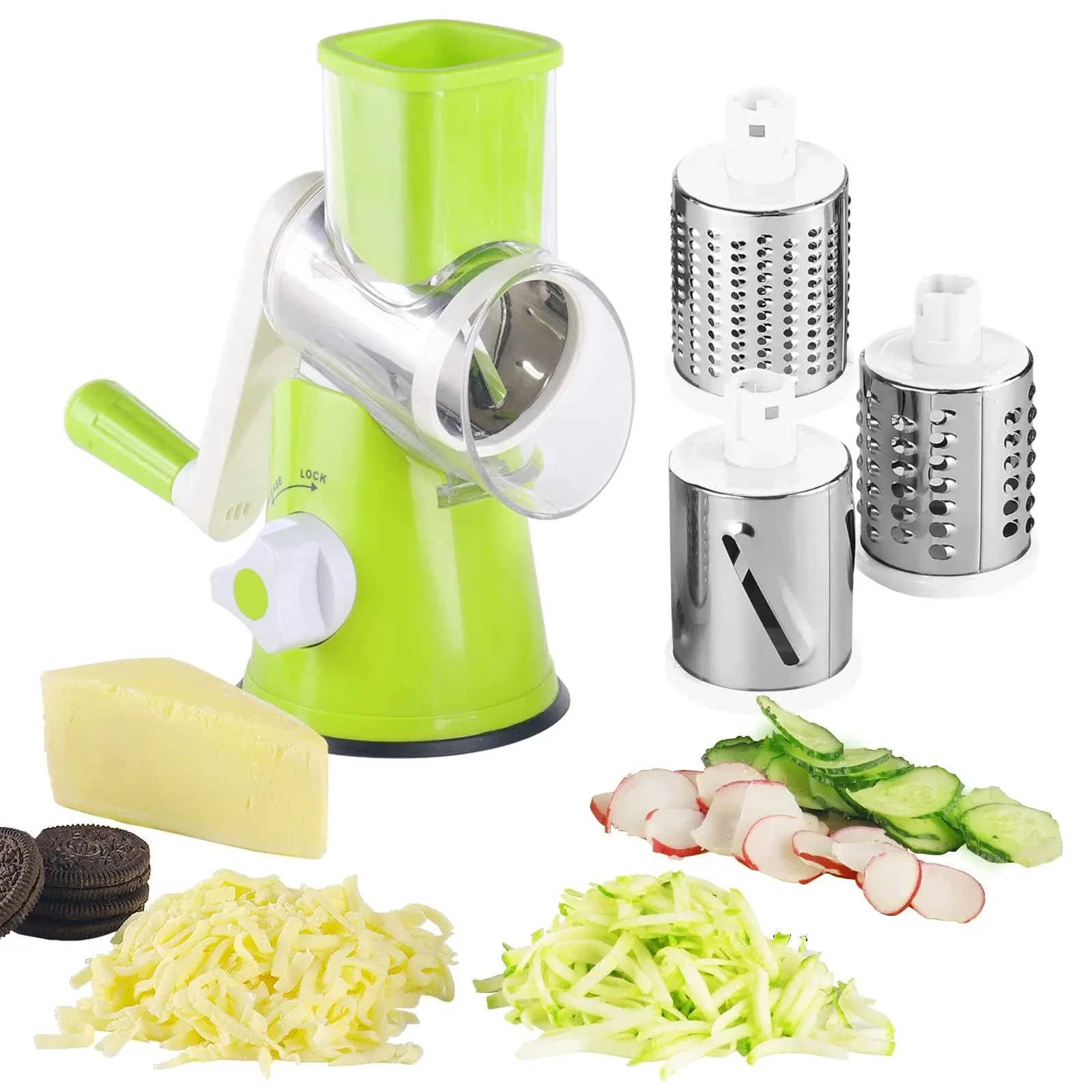 Rotary Cheese Grater - 3-in-1 Stainless Steel Manual Drum Slicer, Rotary Graters for Kitchen, Food Shredder for Vegatables, Nuts and Chocolate