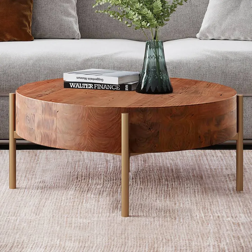 Homary Rustic Round Coffee Table with Solid Wood Tabletop Metal Legs