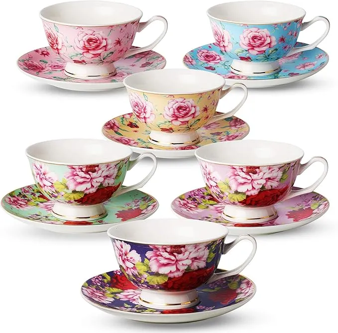 BTaT- Tea Cups, Tea Cups and Saucers Set of 6, Tea Set, Floral Tea Cups 8oz, ...