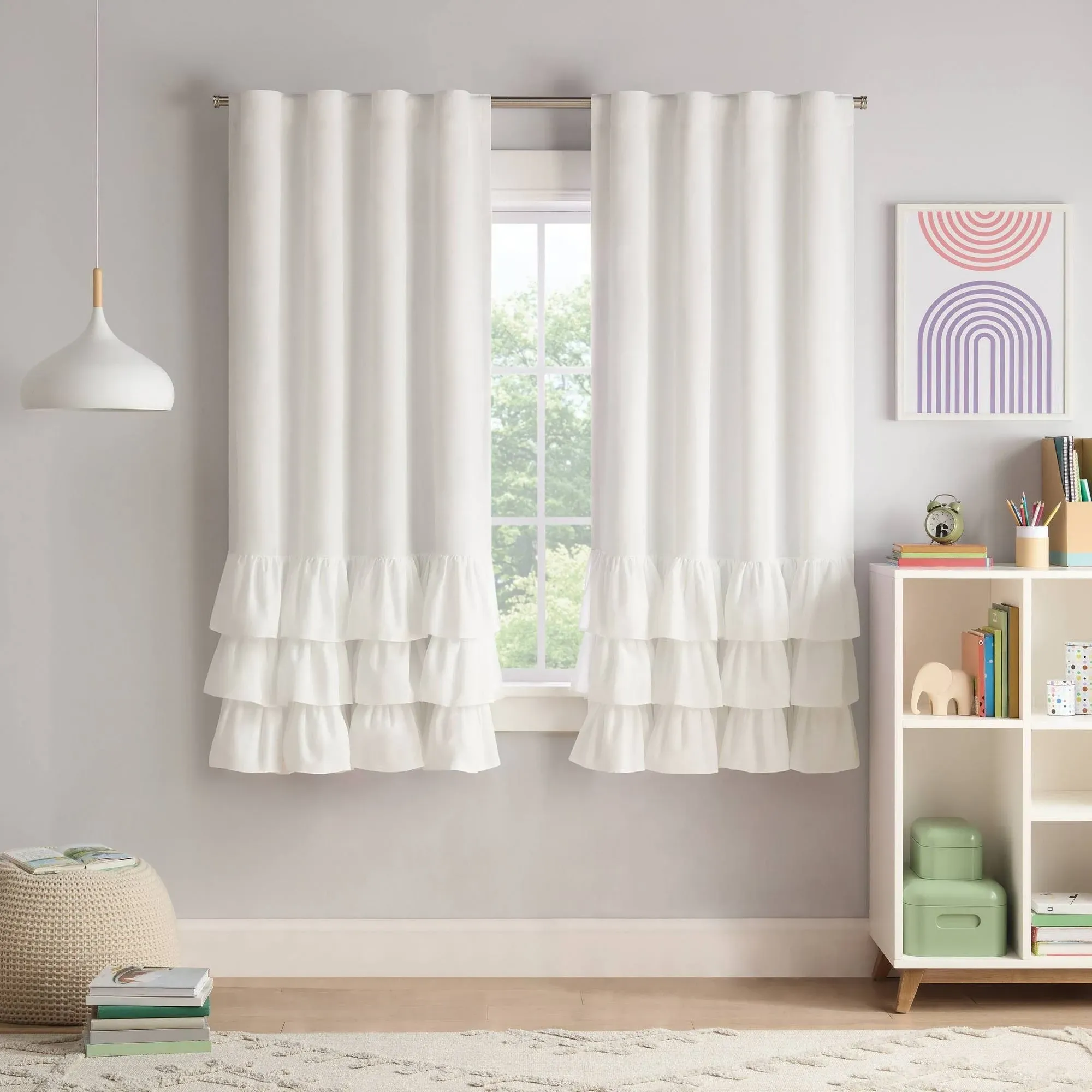 Eclipse Kids Tiered Ruffle Solid 100% Blackout Back Tab Curtain Panel - 63x40 - White