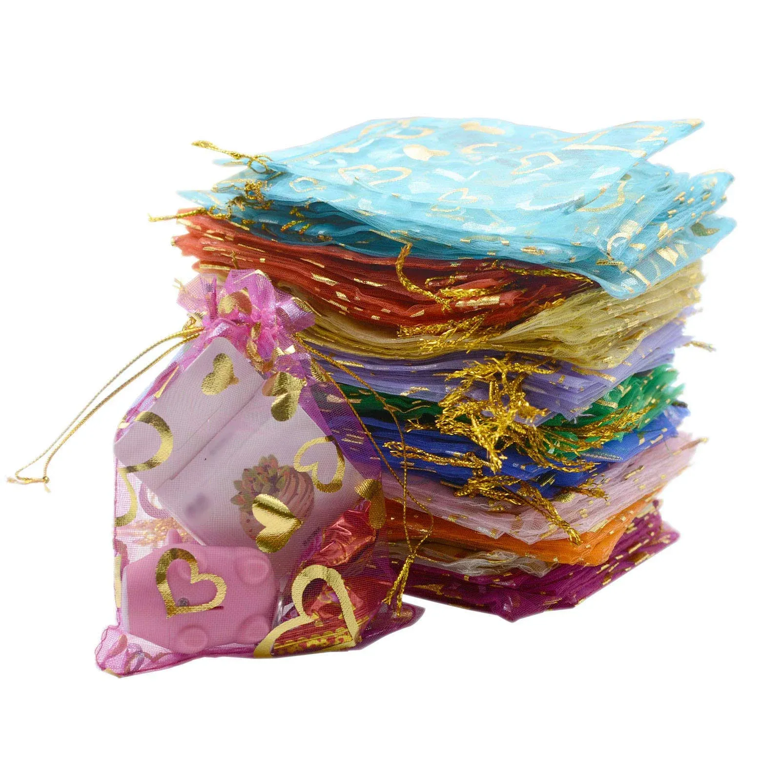 YYaaloa 100PCS Mini Sheer Heart Mixed Organza Bags, Drawstring Chic Gift Beauty Bags, Wedding Favor Bags Candy Jewelry Gift Bags (Mixed, 3.9x5 inch)