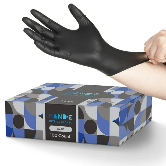 Hand-E Touch Black Nitrile Disposable Gloves - Latex Free BBQ, Tattoo, Hair Dye, Cooking, Mechanic Gloves