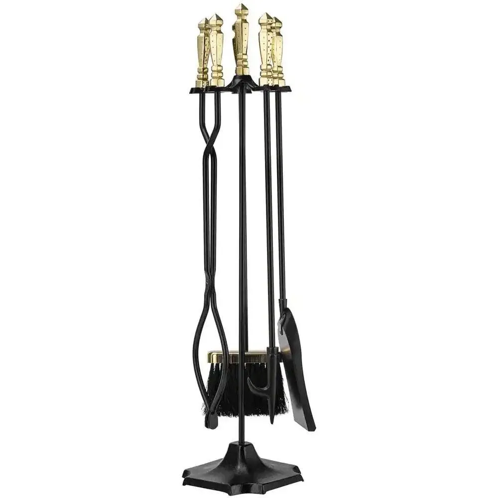 Rustic Wrought Iron 5pcs Fireplace Tool Set w/ Poker Tongs Broom Shovel Stand