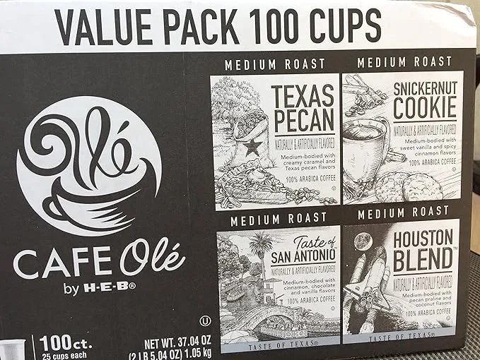 100 cups- Cafe Ole Value Pack-Texas Pecan, San Antonio, Houston, and Snickern...