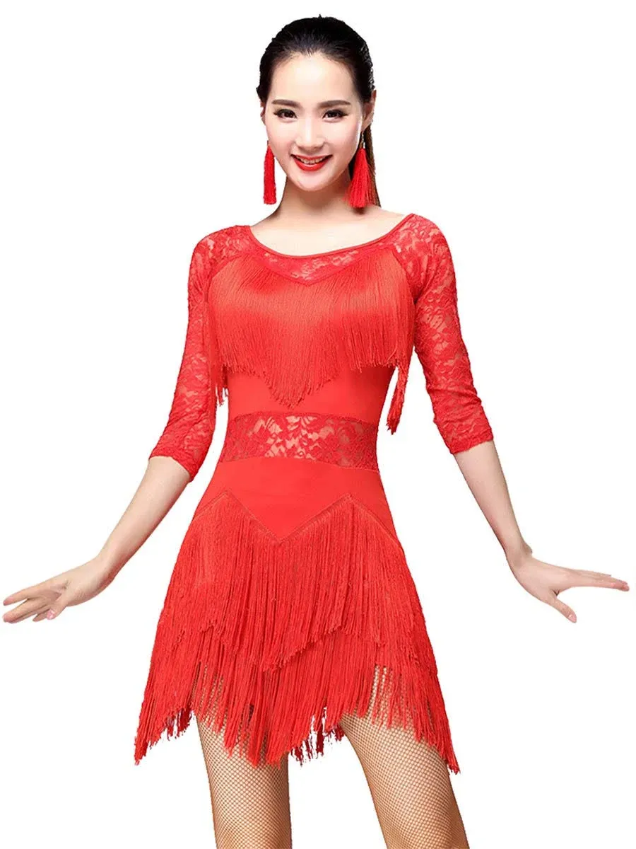 ZX Women&#039;s Fringed Ballroom Costume Lace Round Neck 1/2 Sleeve Tango Salsa La...