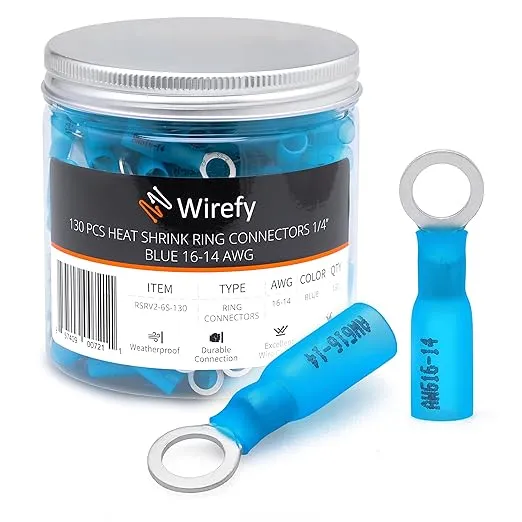 Wirefy Heat Shrink Ring Terminals 1/4" - Marine Grade Terminal Connectors - Waterproof Eyelet Wire Connectors - Red 16-14 AWG - 130 PCS