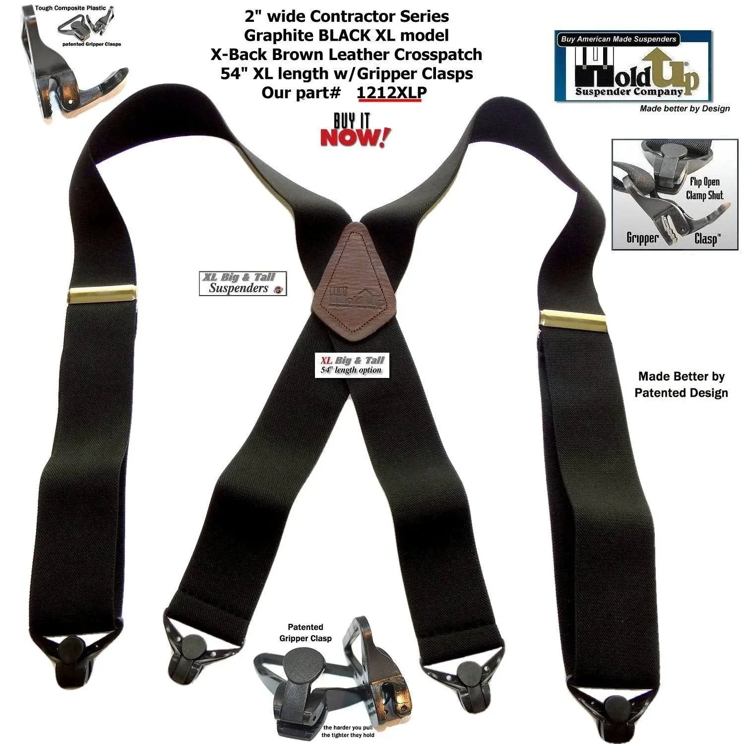 HoldUp Men's Heavy Duty 2" Contractor Suspenders with Gripper Clasps