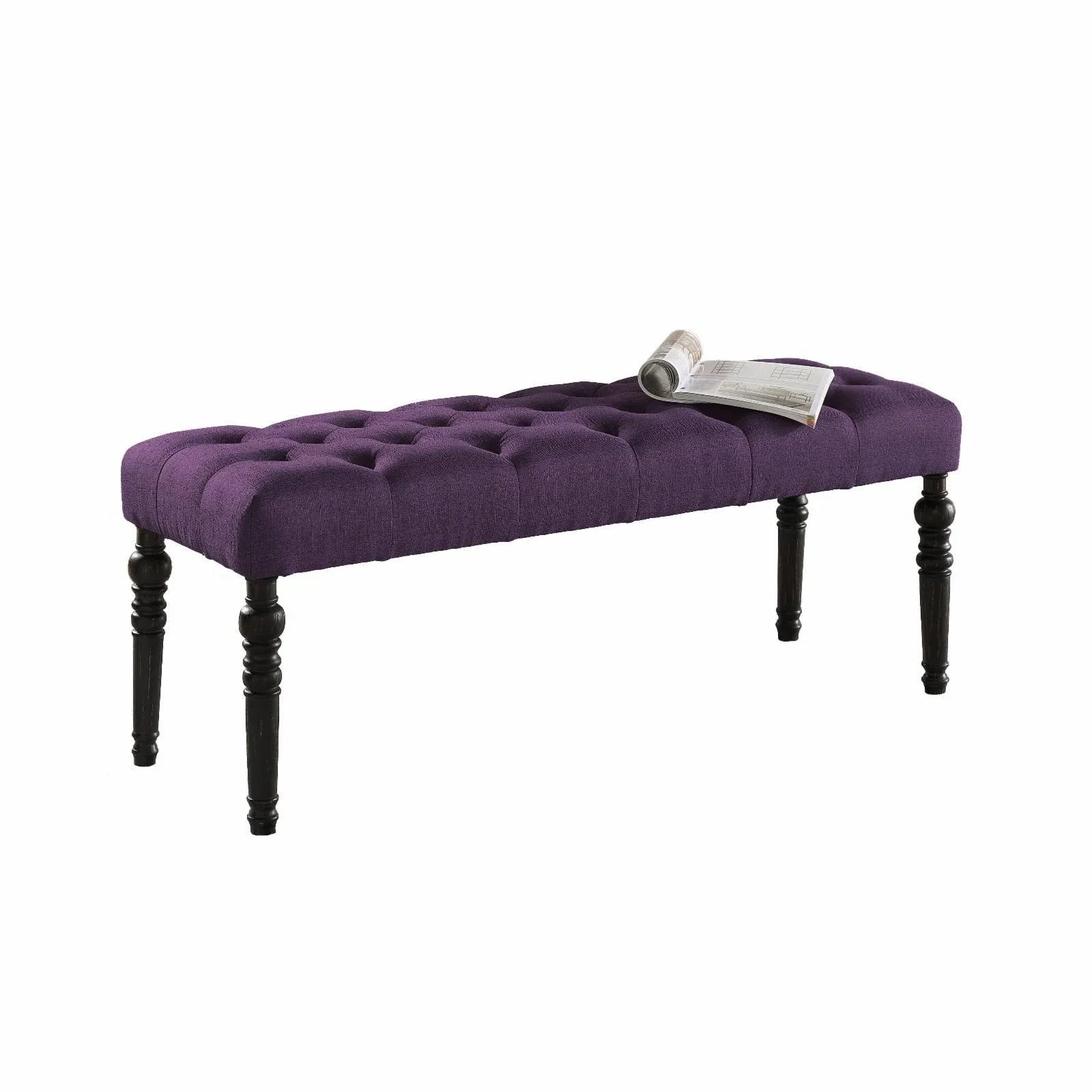 Leviton Fabric Tufted Turned Leg Dining Bench, Purple