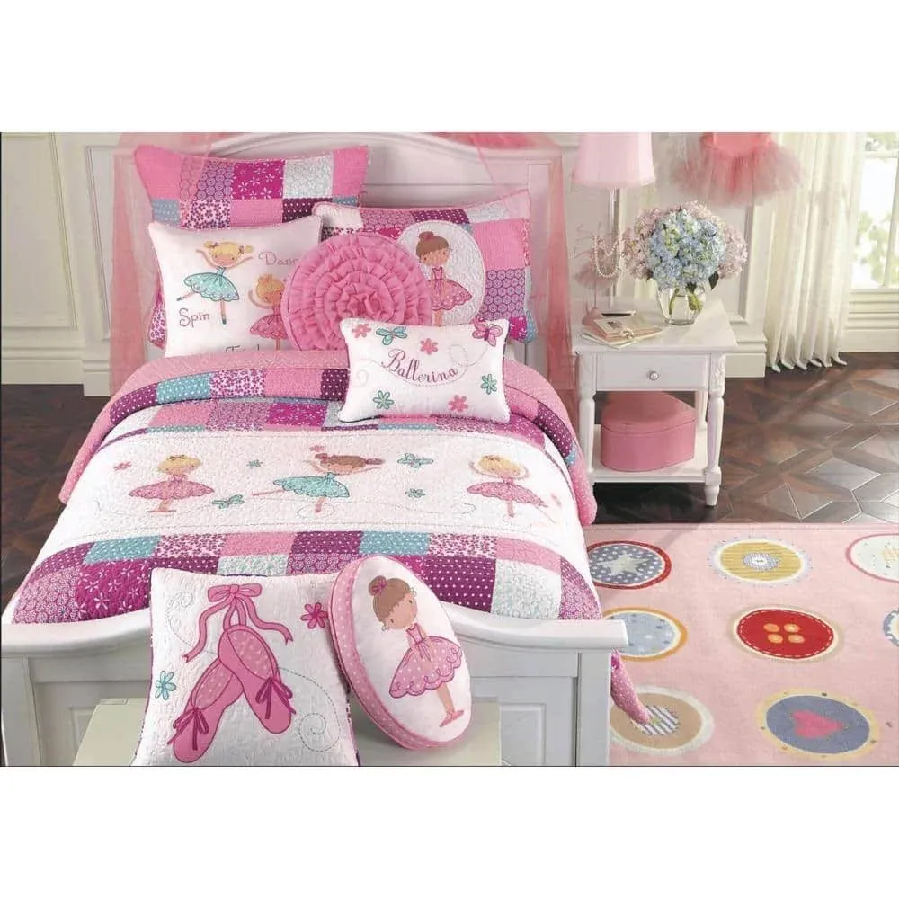 Pink Little Dancer Ballerina Tutu Princess Butterfly Floral Dot Embroidery Patchwork Quilt Set