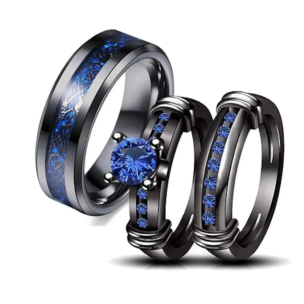 LOVERSRING Couple Ring Bridal Set His Hers Women Black Gold Plated Blue CZ Men C