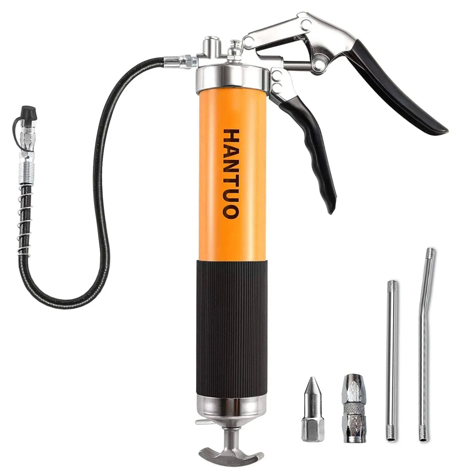 HANTUO Grease Gun, 8000 psi Heavy Duty Pistol Grip Grease Gun Kit with 14 oz Load, 18 inch Spring Flex Hose, 2 Grease Couplers, 2 Extension Rigid