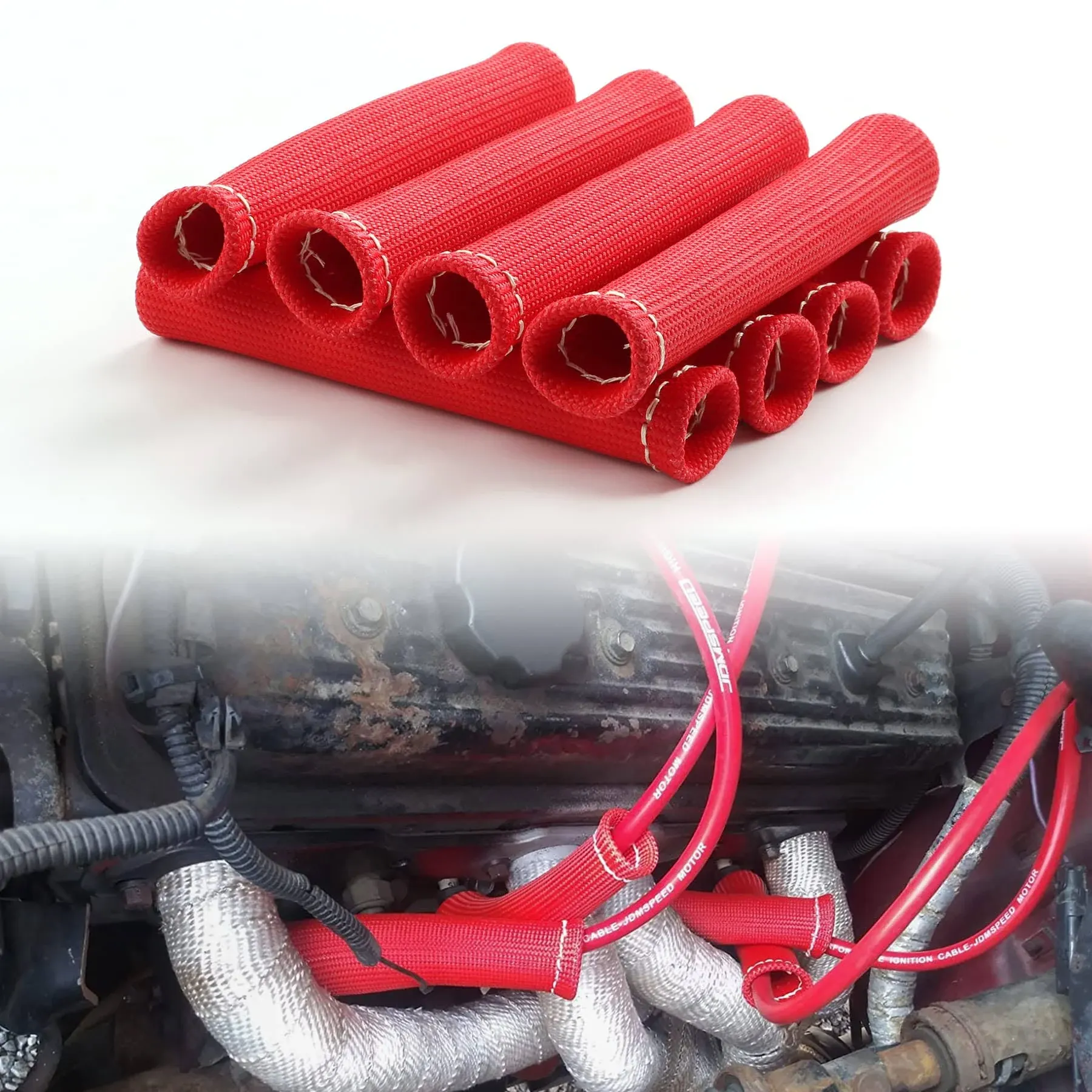 JDMSPEED 8PCS Red 1200° Spark Plug Wire Boots Heat Shield Protector 