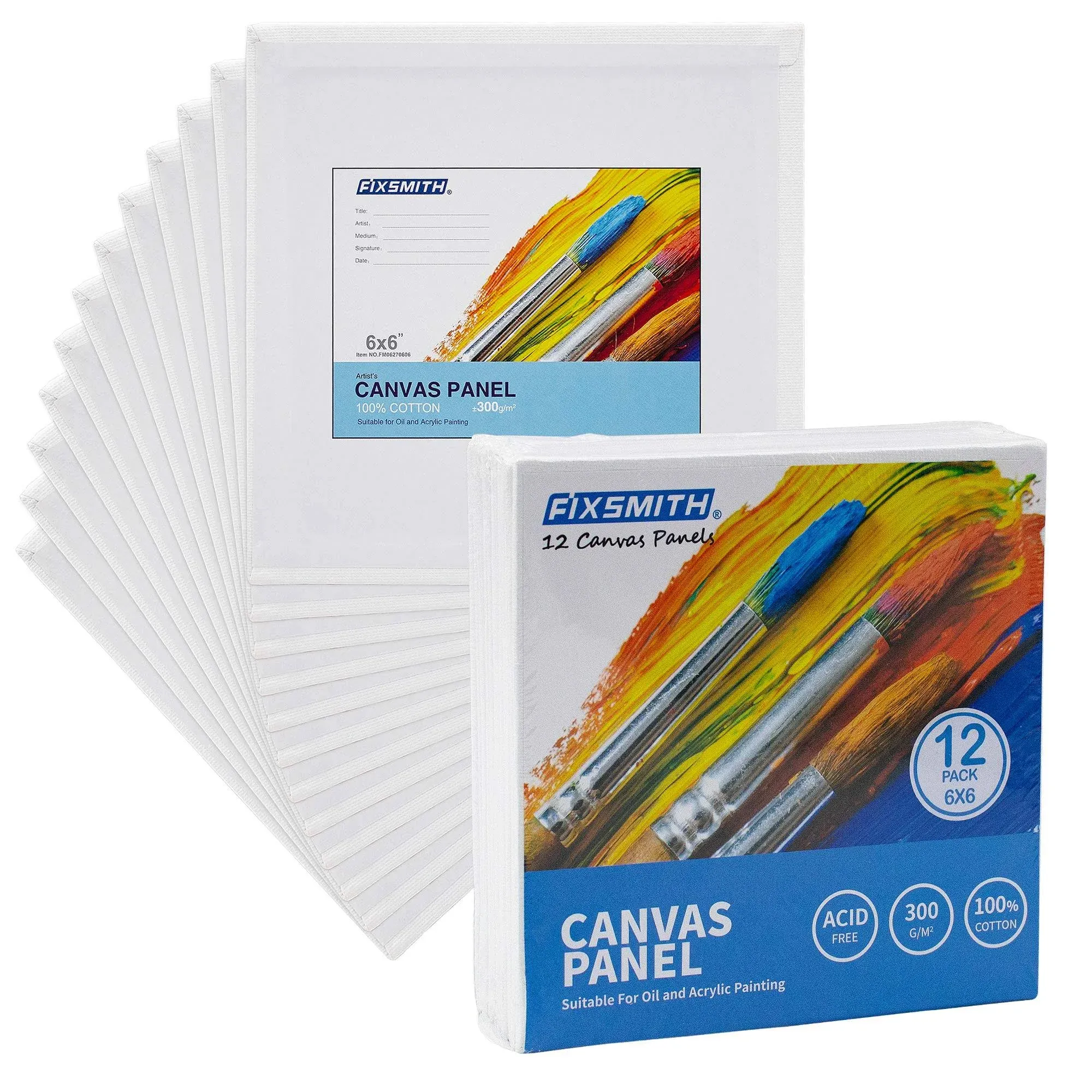 FIXSMITH Canvas Boards for Painting 6x6 Inch, Super Value 12 Pack White Blank Canvas Panels, 100% Cotton Primed, Painting Art Supplies for Professionals, Hobby Painters, Students & Kids