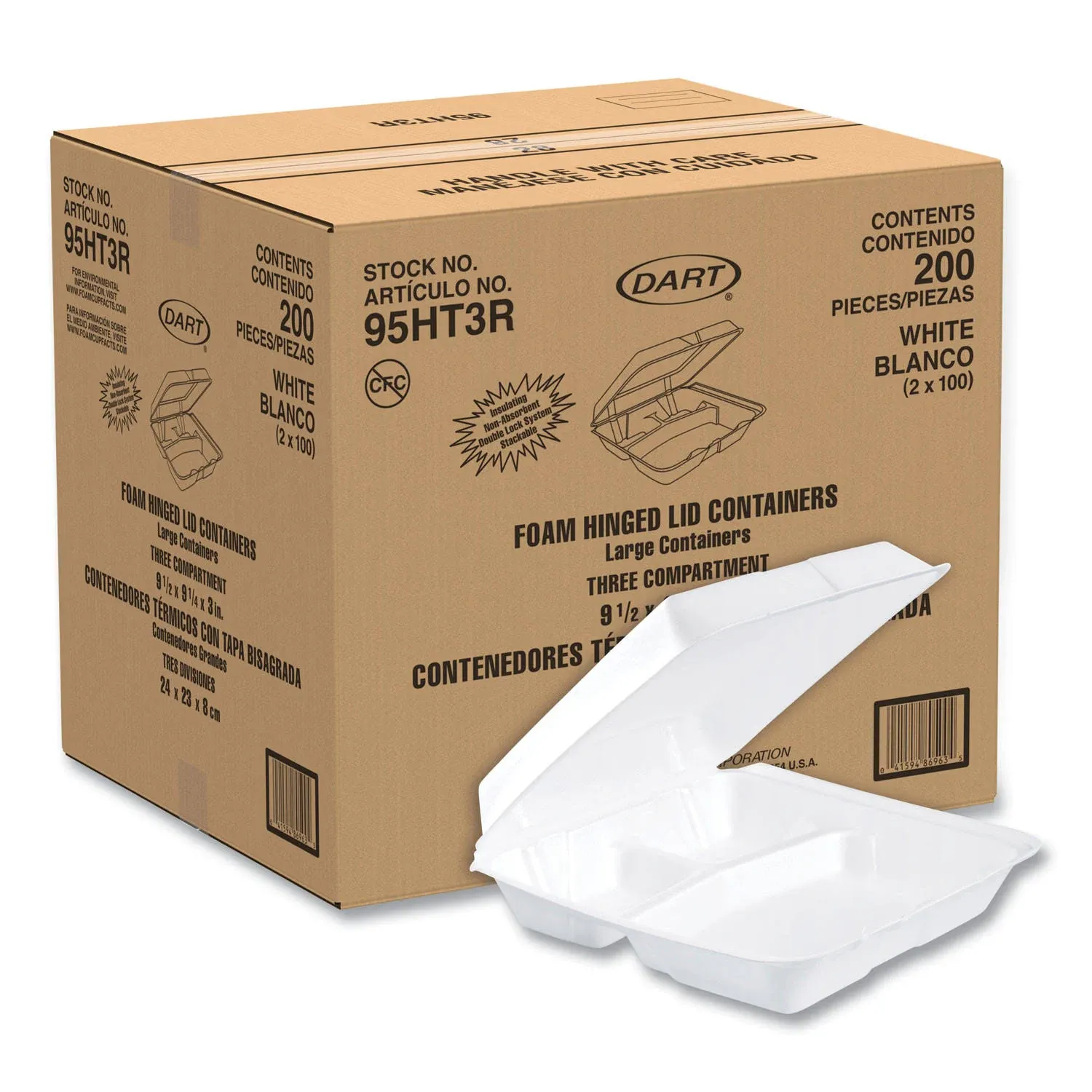 Dart Foam Container Hinged Lid 3-Comp 9 1/2 x 9 1/4 x 3 200/Carton