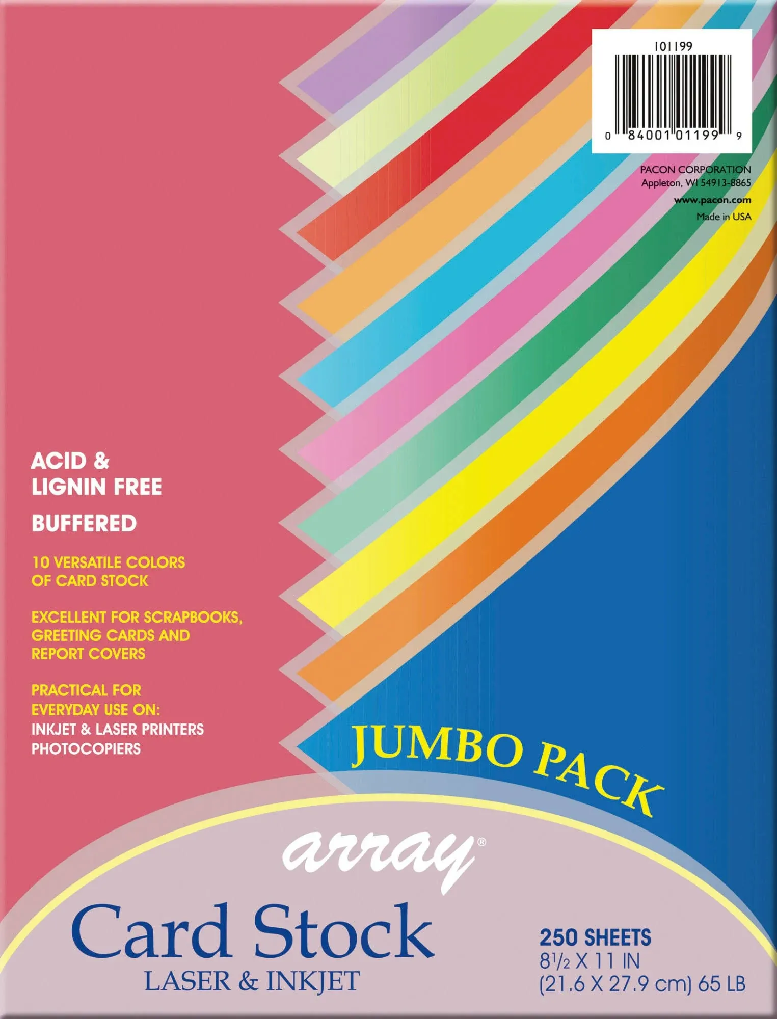 Pacon Array Card Stock 65 lbs. Letter Assorted Lively Colors 250 Sheets/Pack