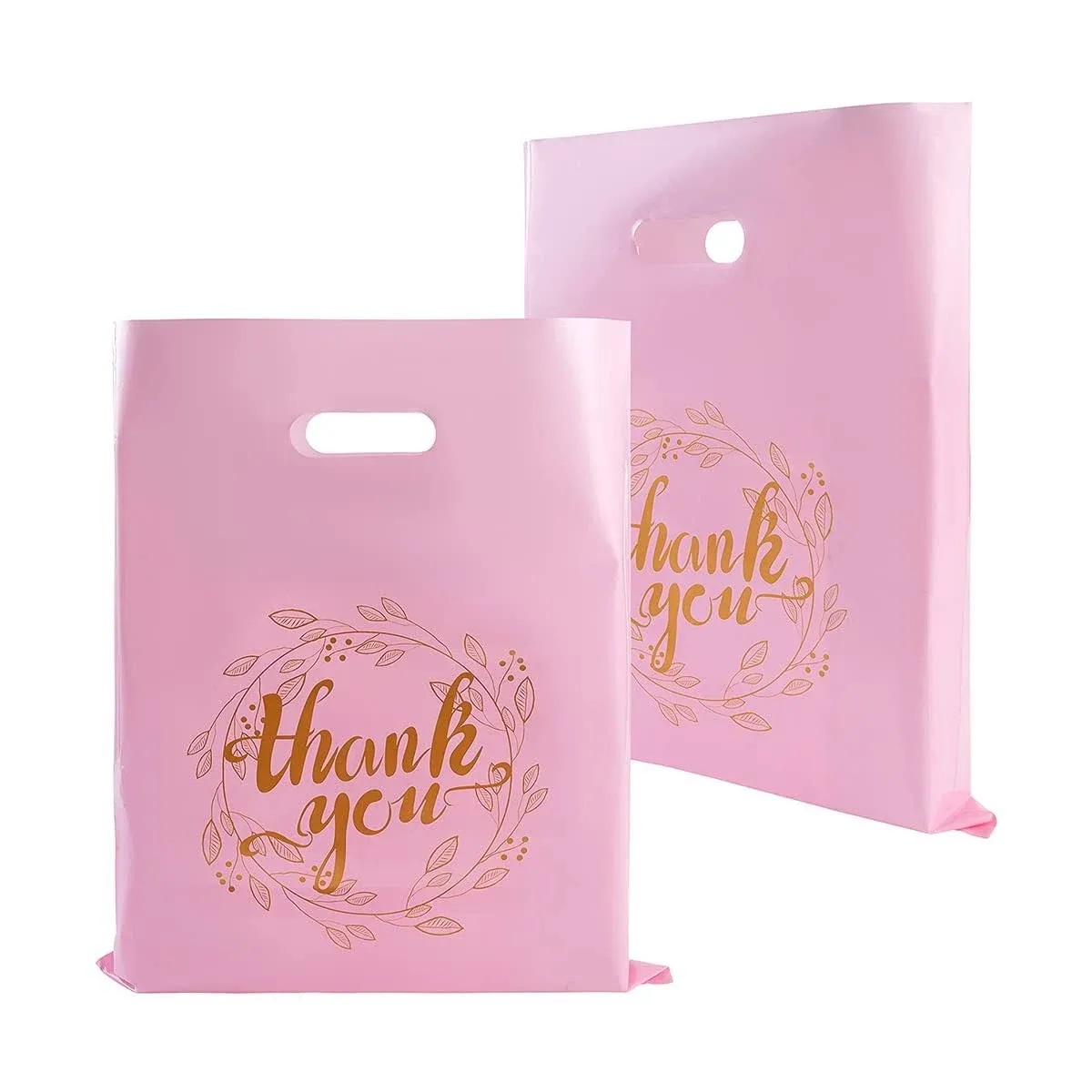 Wishop 100 Pieces 12x15 Thank You Merchandise Bags Party Gift Bags Candy Bags for Boutique, Retail, Gift Bags, Clothes, Party Favors (Pink/Gold)