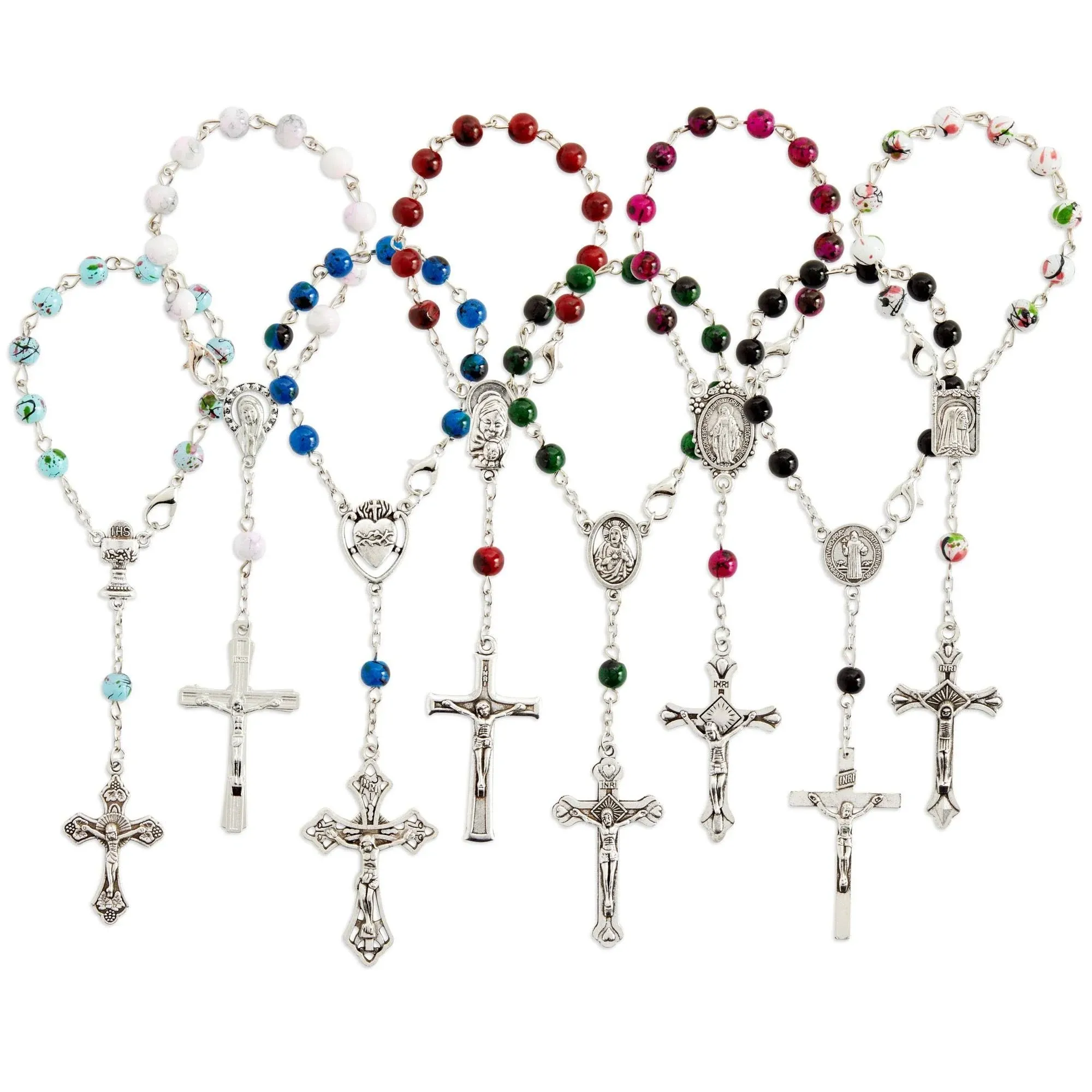 24 Pack Small Rosary Beads Catholic, Multicolored Glass Beads Cross Crucifix