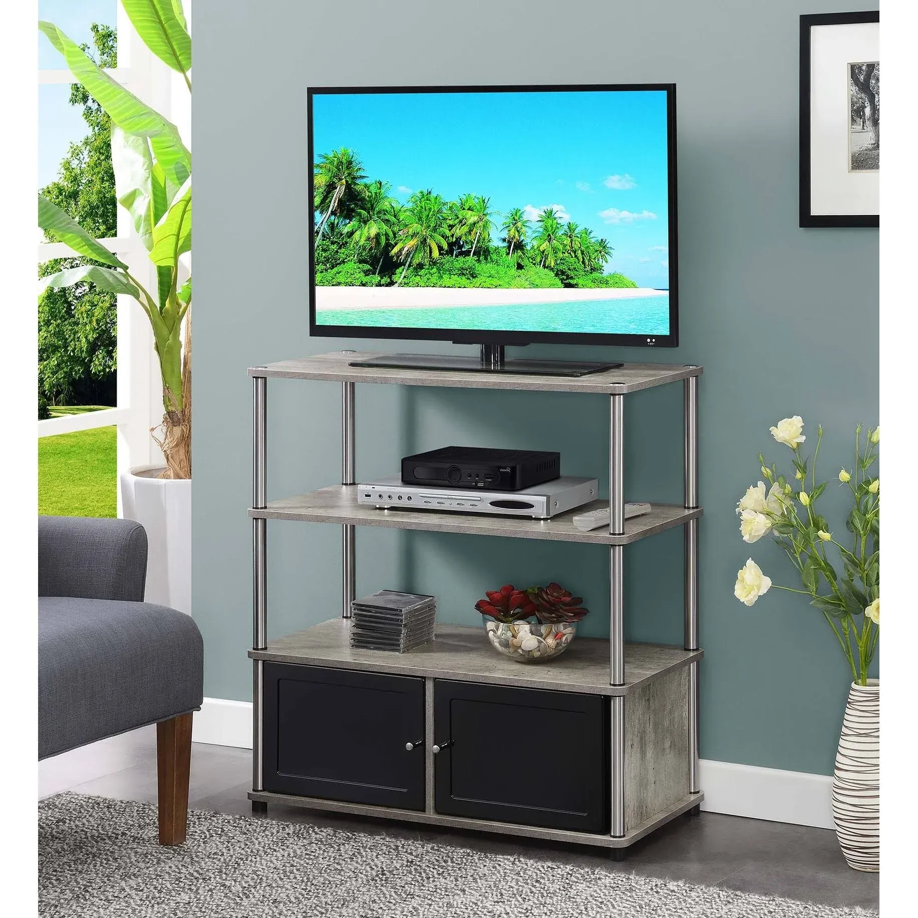 Convenience Concepts Designs2Go Highboy TV Stand with Storage Cabinets and ...