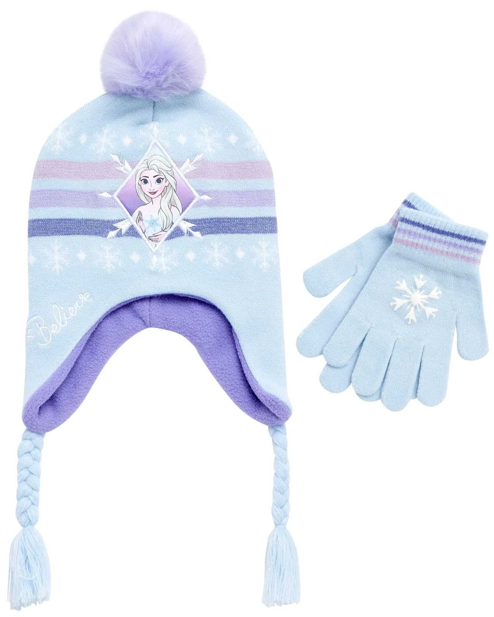 Disney Girls’ Winter Set: Ear Flap Beanie Hat, Gloves or Mittens: Elsa, Anna, Princess (Age: 2-7)