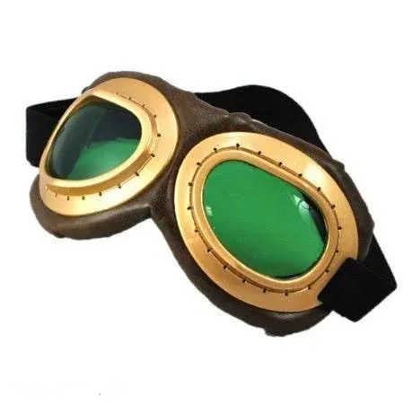 STEAMPUNK AVIATOR GOGGLES GOLD AND BROWN WITH GREEN LENS