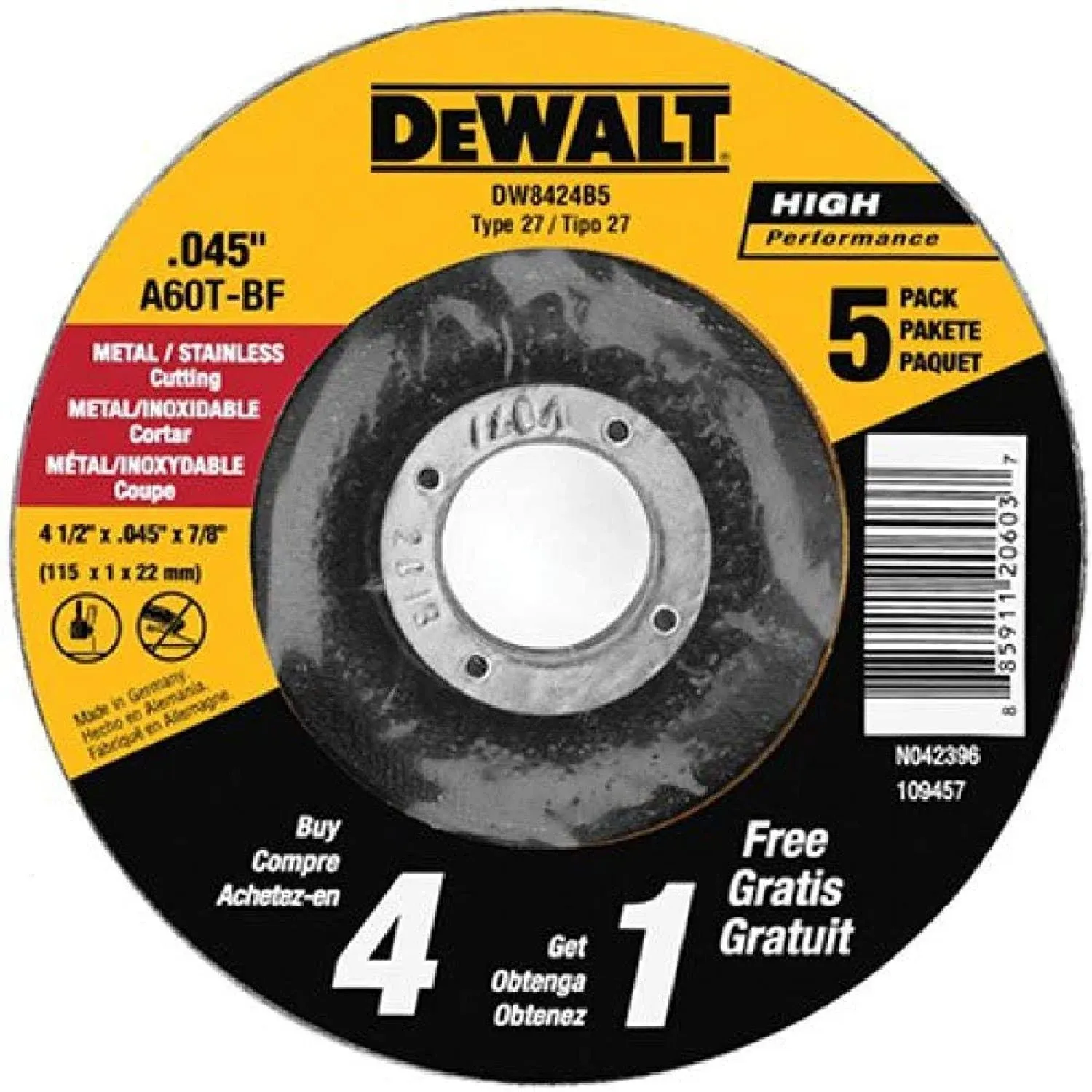 DEWALT DW8424B5 Cut-Off Wheel 4-1/2" D X 5/8" S Aluminum Oxide