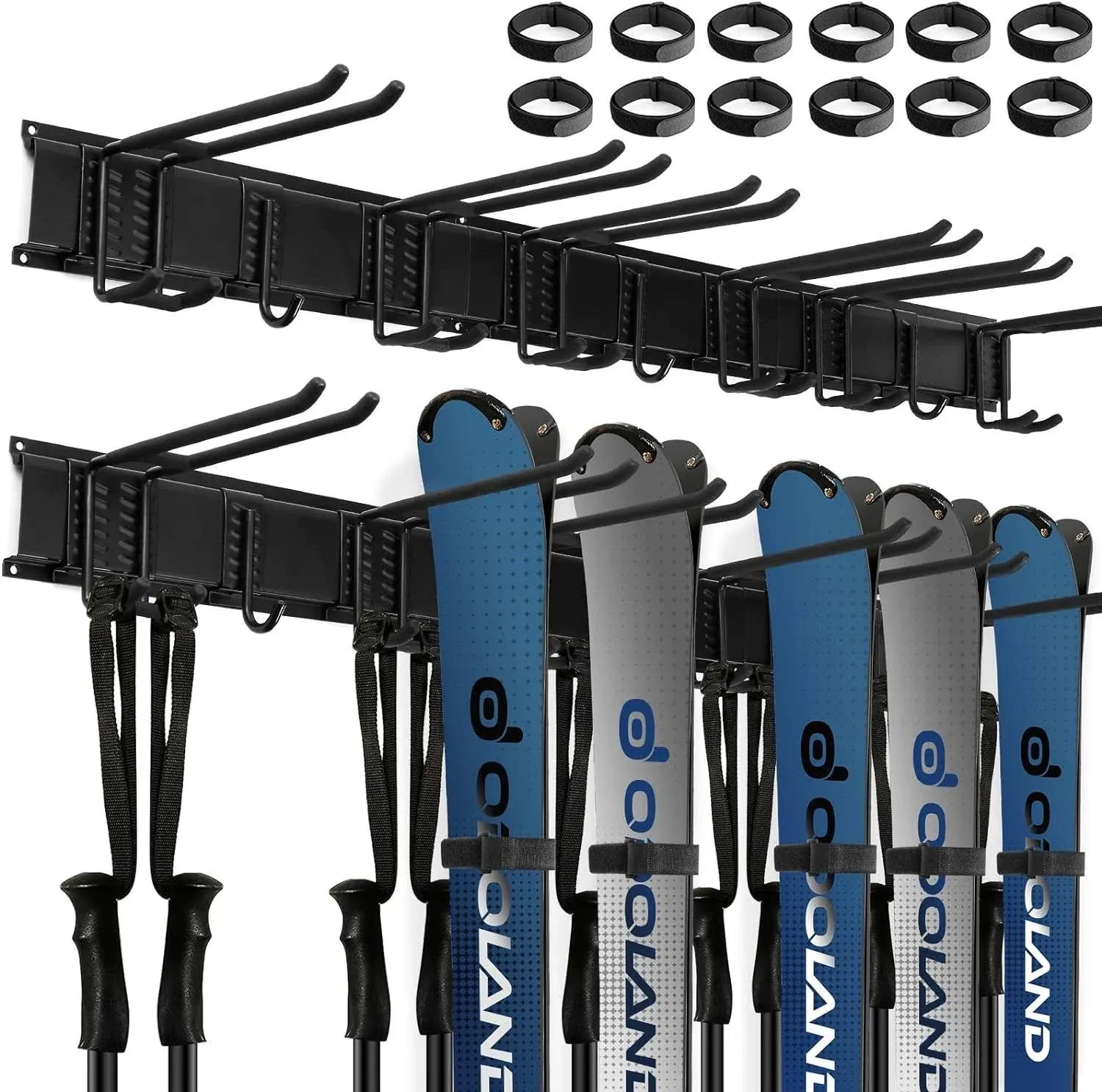 Odoland Ski Storage Racks, 6/4/2 Pairs of Ski Snowboard Wall Mount Hanger with Short Hooks and Ski Cinch Straps, Home Shed and Garage Organization System Snow Ski Holder Holds Up to 300lbs