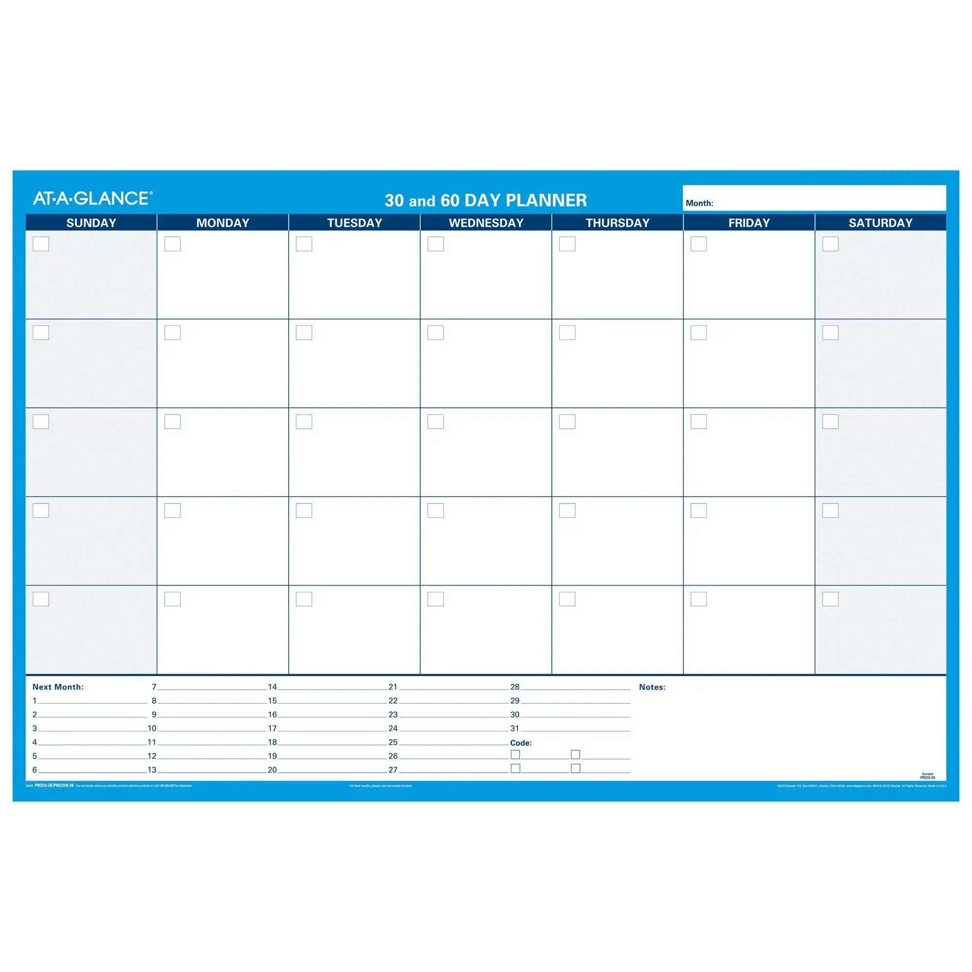 AT-A-GLANCE 30/60-Day Undated Horizontal Erasable Wall Planner