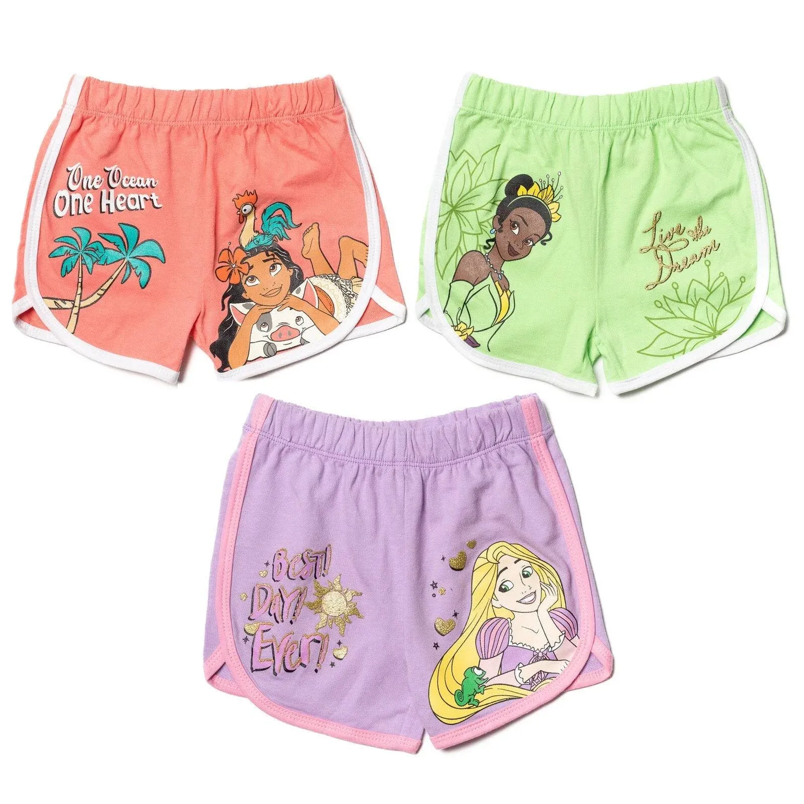 Disney Moana Rapunzel Tiana Girls French Terry 3 Pack Shorts Toddler to Big Kid