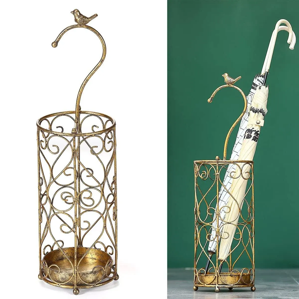 Umbrella Rack Stand,Umbrella Rack for Entryway,Canes Walking Sticks,Cast Iron Bird Handle and Drip Tray (Antique Gold)