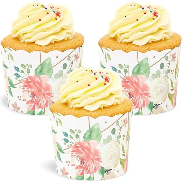 Sparkle and Bash 50-Pack Muffin Liners - Floral Watercolor Cupcake Wrappers Paper ...