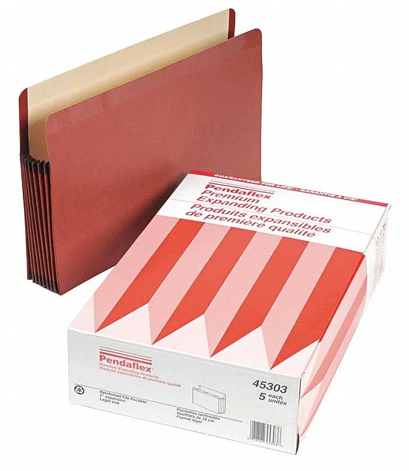 Pendaflex Premium Reinforced Expanding File Pockets, 7" Expansion, Legal Size, Red Fiber, 5/box