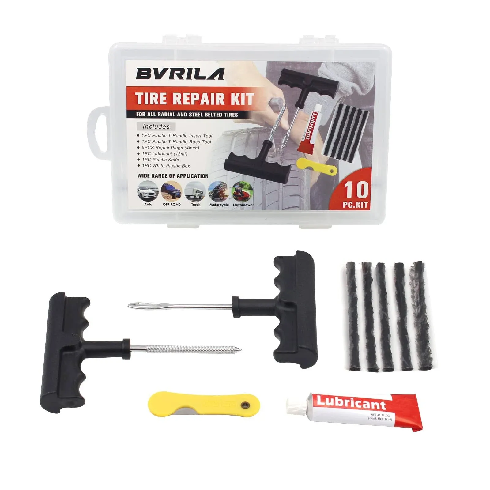 BVRILA Tire Repair Kit, Heavy Duty Tire Plug Kit for Flat Tire Puncture Repair, 10 Pcs Value Pack, Car Emergency Tool Kit fit for Autos, Cars, Motorcycles, Trucks, RVs