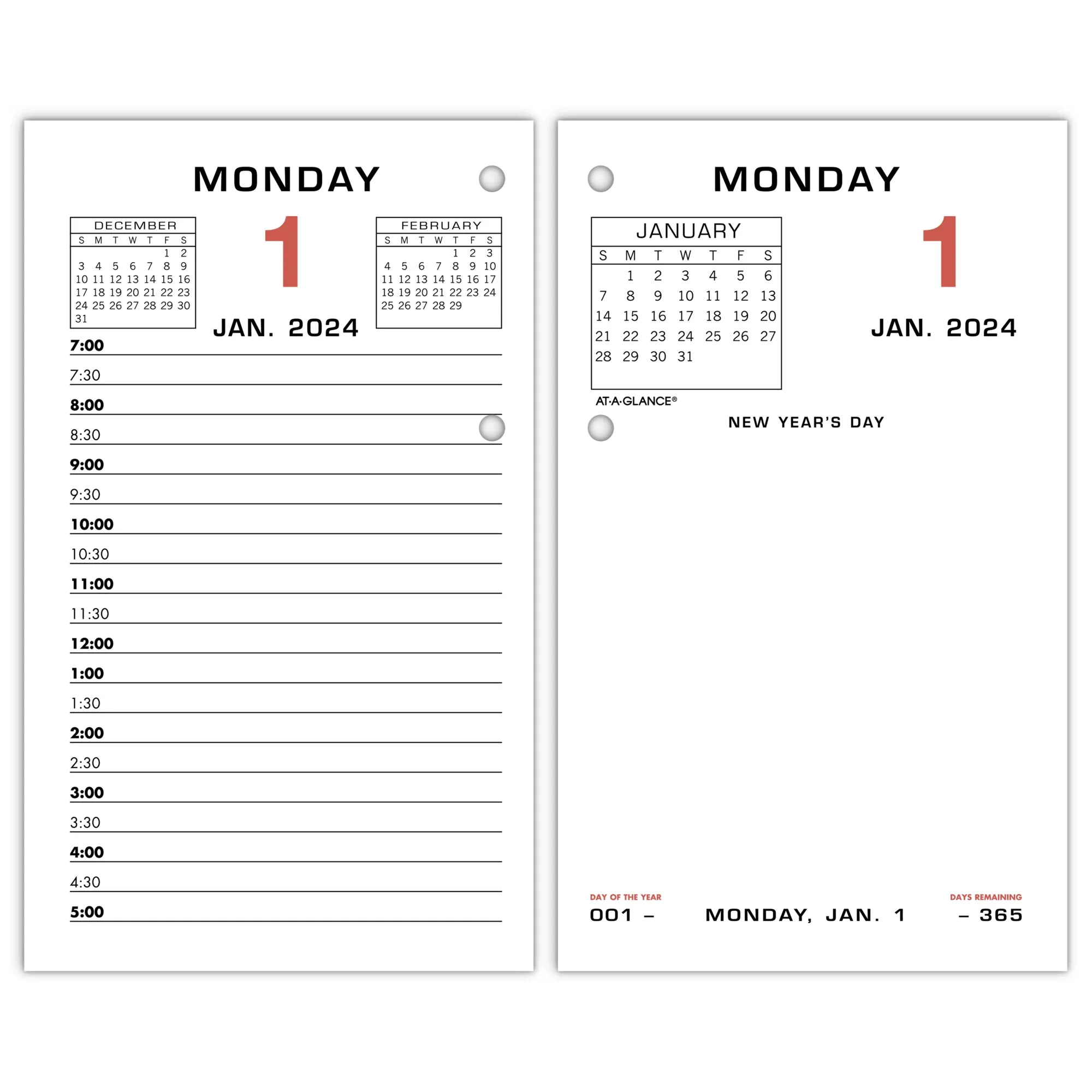 At-a-glance Two-Color Desk Calendar Refill 3.5 x 6 White Sheets 12-Month Jan to Dec 2024